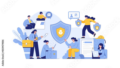 Digital teamwork and cybersecurity protection concept illustration