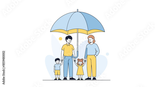 wholesome family enjoying rainy day together under colorful umbrella with