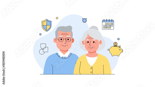 Elderly Couple Discussing Financial and Health Planning with Digital Icons