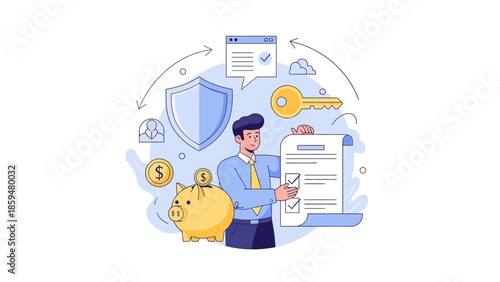 Digital Security and Finance Management Concept with Shield and Piggy Bank