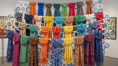 Color Symphony of Scarves: An artful display showcasing a spectrum of colorful scarves, creating a captivating visual symphony of hues and textures. 