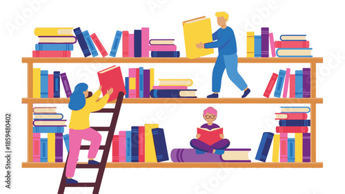 People reading, organizing, and interacting with books on a large bookshelf