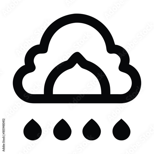 A simple black and white line drawing depicts a cloud with raindrops falling below it