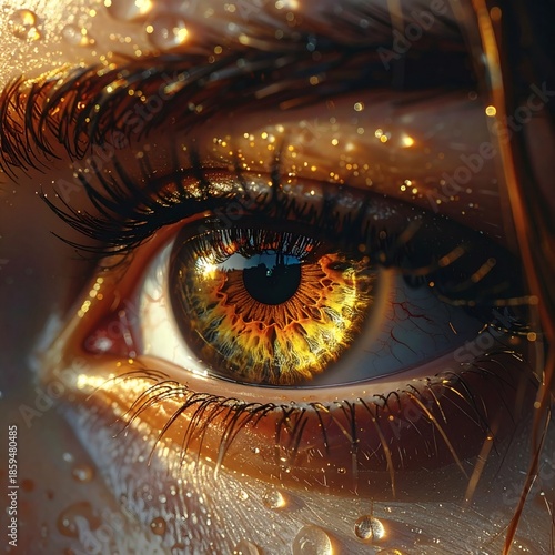Emotional Surreal Close-Up of Human Eye with Glowing Iris and Water Droplets