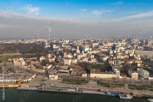 Belgrade, Serbia - December 20, 2025: View of the panorama of Belgrade and the cathedral church. Belgrade photographed from a drone