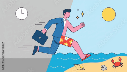 Conceptual illustration of man transitioning from work to beach vacation, work-life balance