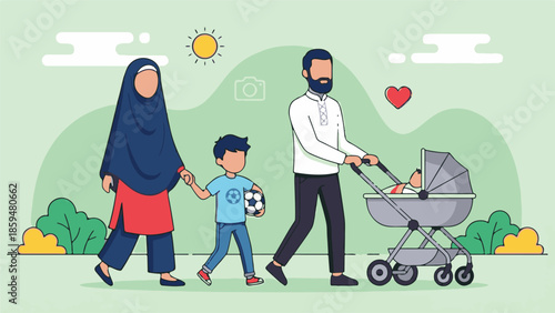 Happy Muslim family with two children walking outdoors with a stroller
