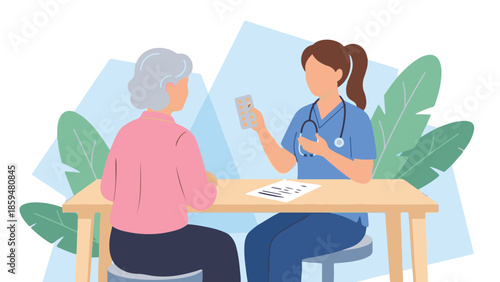 Female Doctor Explaining Medication to Elderly Patient During Consultation