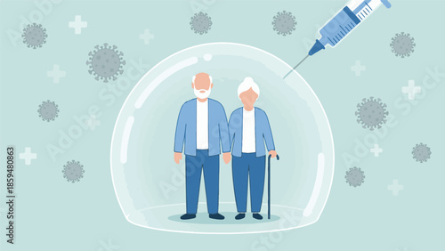 Senior couple protected by a bubble and vaccine from coronavirus.