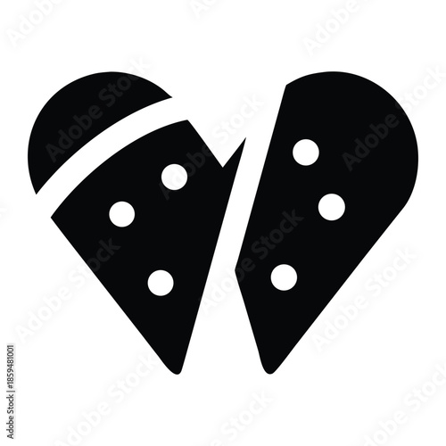 A black and white illustration of a broken heart shaped like a slice of pizza