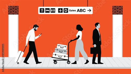 Travelers with luggage navigating a modern airport terminal to gates.