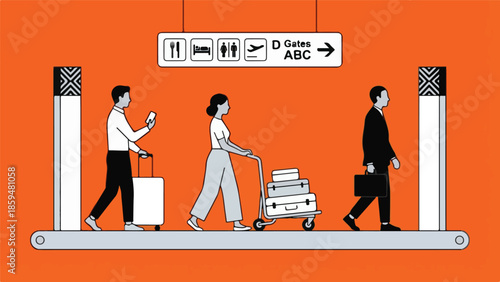 Airport terminal illustration: travelers on a moving walkway with signs