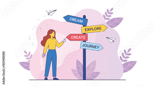 Young woman chooses creative path, pointing to 'Create' on a signpost