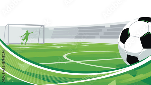 Dynamic soccer field graphic with player kicking ball, goal, and stadium