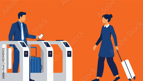 Travelers with luggage passing through automatic gates using digital tickets