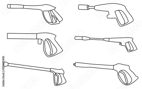 Black Pressure Washer Gun Icons Collection, Spray Nozzle and Faucet Cleaning Equipment Silhouette