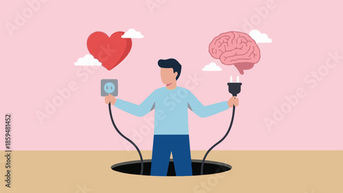 Man balancing heart and brain, symbolizing emotional and rational connection