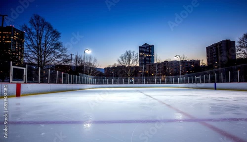 Beautiful winter scene of an empty city ice rink at dusk. Snowfall, lights, peaceful holiday or seasonal atmosphere in urban surroundings