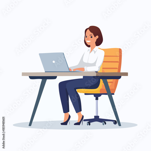 Smiling woman working on a laptop at a modern office desk with an ergonomic chair