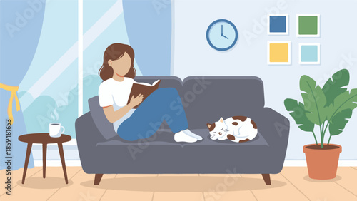 Woman reading book on sofa with sleeping cat in a cozy living room