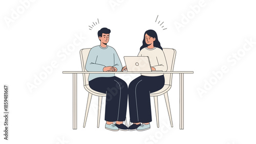 people collaborating and discussing work on a laptop in a modern office environment