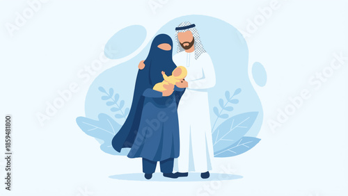 Happy Middle Eastern or Muslim family with newborn baby illustration