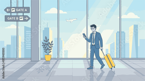 Business traveler checking flight information on phone in modern airport terminal