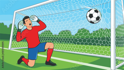 Dismayed soccer goalkeeper kneels after conceding a goal on the field