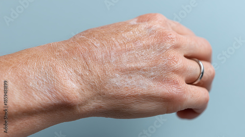 Dry skin on hand with visible texture and wrinkles, showing signs of dehydration and aging, close up macro detail with natural light on neutral background