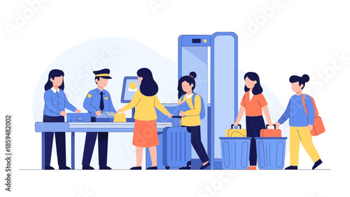 Passengers at a modern airport check-in counter with luggage and airline staff