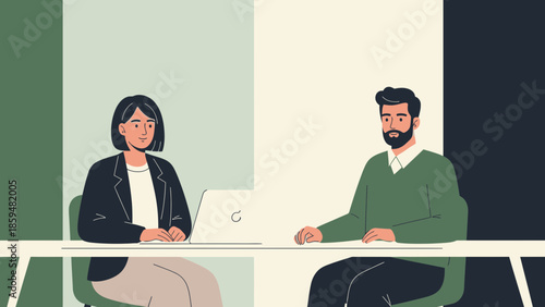professional business meeting with two colleagues discussing work in an office setting