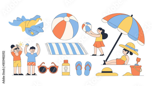 Cheerful Vacation Beach Scene with Children and Sun Protection Items