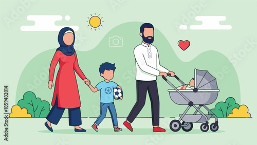 Muslim family walking with son and baby in stroller on a sunny day