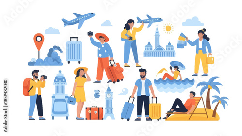 Vibrant Travel Scene with Tourists Excitedly Exploring Urban and Tropical