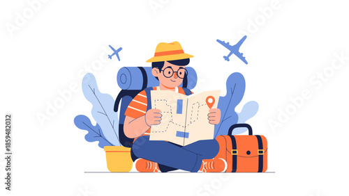 Young traveler with backpack reading a map while sitting on the ground at an