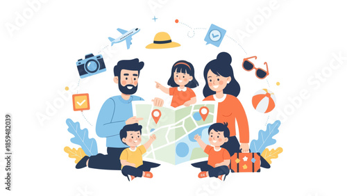 Happy Family Exploring Travel Destinations with Map and Adventure Gear