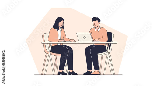 Professional business meeting with two colleagues working on laptops at a modern office table