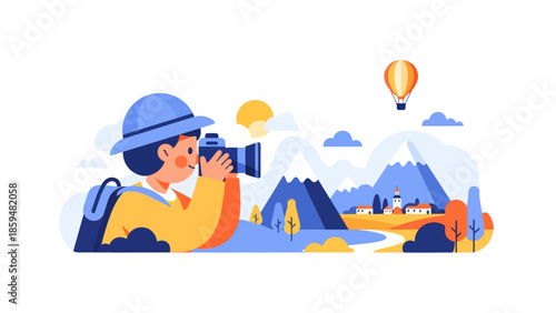 Children Exploring Nature Scene with Mountains Hot Air Balloon and Camera