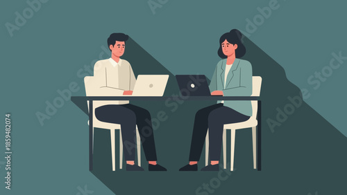 professional business meeting with two colleagues working on laptops in a modern office environment