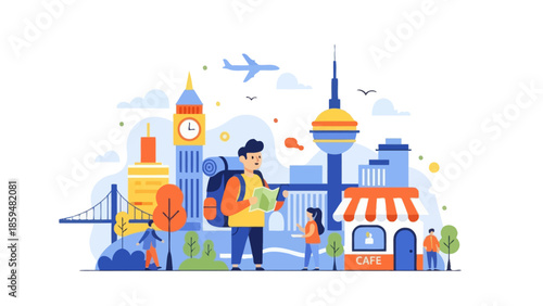 Urban Exploration Scene with Travelers Visiting Iconic Landmarks and Local Shops