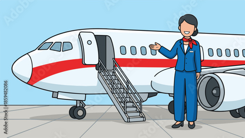 Friendly flight attendant standing next to a commercial airplane