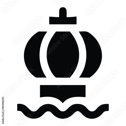 A black and white illustration depicting a stylized ship or vessel on wavy water