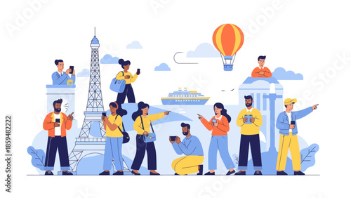 busy tourists exploring iconic landmarks with mobile devices and sightseeing