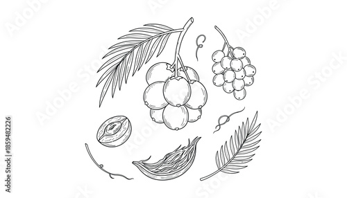 Acai berries and plant elements in doodle style drawn vector illustration