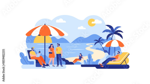 Sunny beach scene featuring people relaxing under umbrellas with palm trees