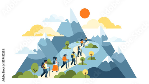 Hiker Group Ascending Mountain Trail with Snowy Peaks Under Sunny Sky