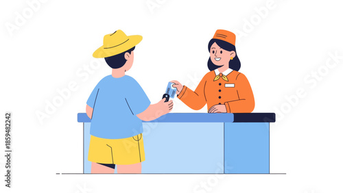 Child Checking into Hotel Reception with Staff Assistance in Friendly