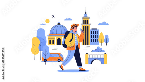 Urban explorer walking through a vibrant cityscape with iconic landmarks and