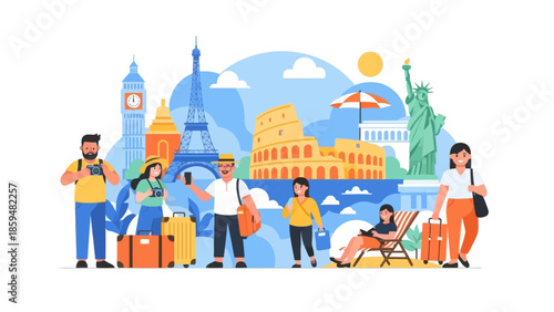 Vibrant international travelers exploring iconic global landmarks in a lively