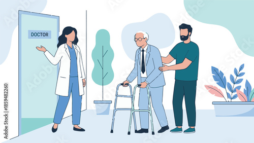 Doctor welcoming elderly man with walker and caregiver to medical appointment